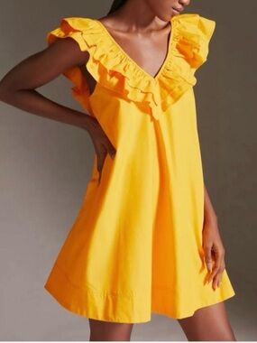 Anthropologie Maeve Yellow/Mustard Ruffle V-Neck Mini Dress, Size X-Small